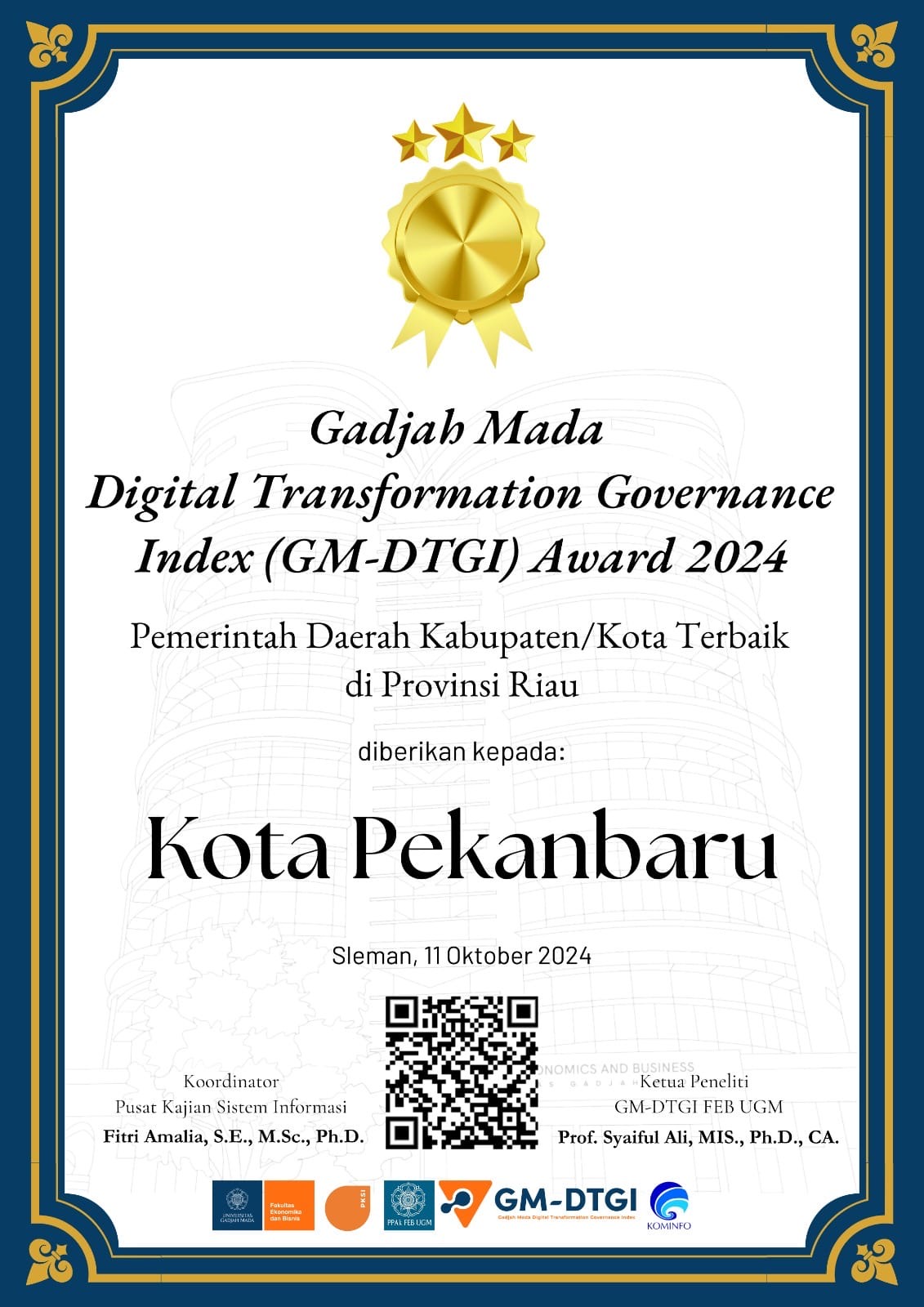Pemko Pekanbaru Terima Penghargaan GM-DTGI Award 2024
