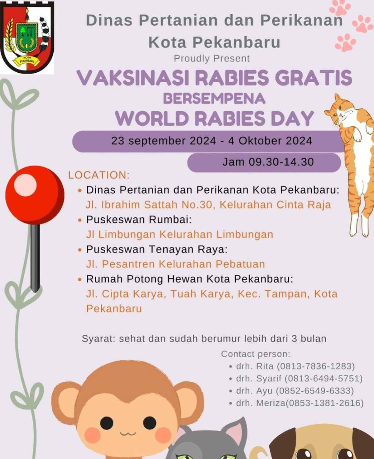 Cek Jadwal dan Lokasinya, Distankan Pekanbaru Gelar Vaksin Rabies Gratis Bagi Anabul Kesayangan